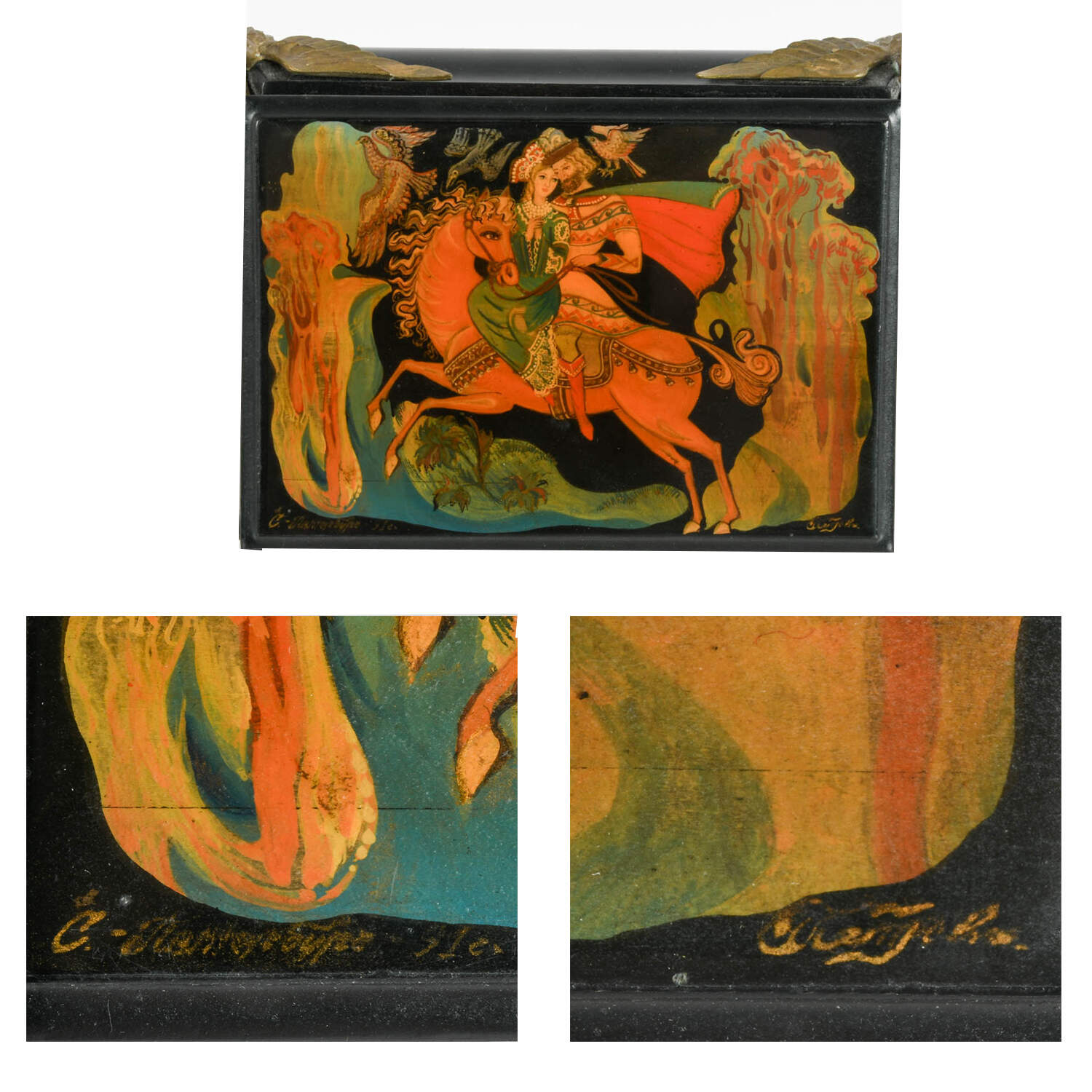 Signed Russian Hand-Painted Lacquerware Box with Brass Bird Feet-7