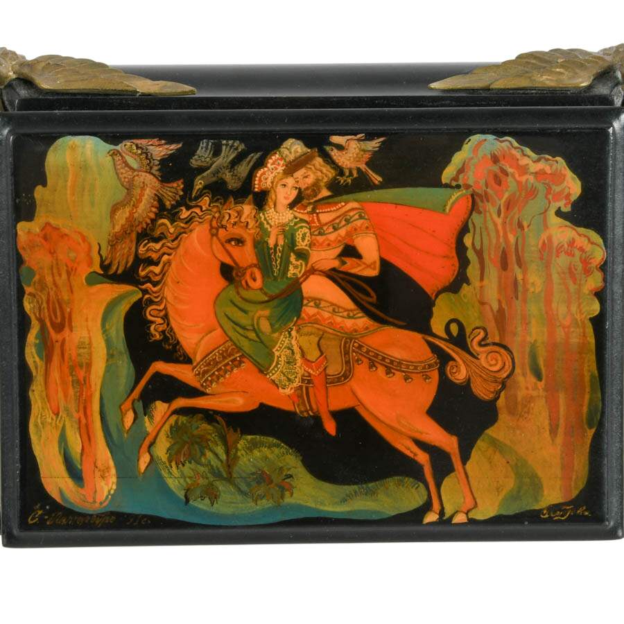 Signed Russian Hand-Painted Lacquerware Box with Brass Bird Feet-5
