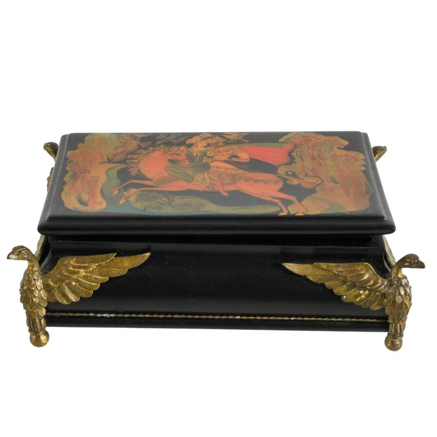 Signed Russian Hand-Painted Lacquerware Box with Brass Bird Feet-1