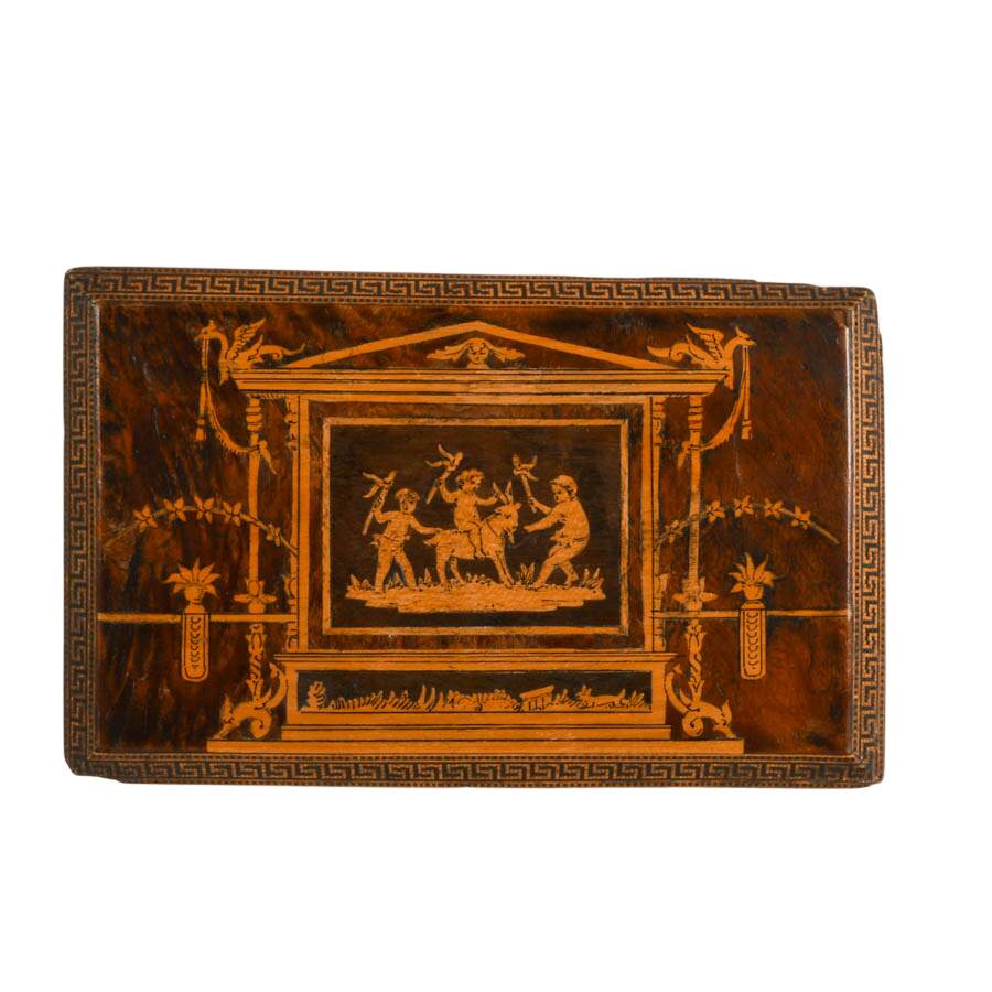 Vintage Italian Burlwood Marquetry Jewelry Box with Neoclassical Scenes-6