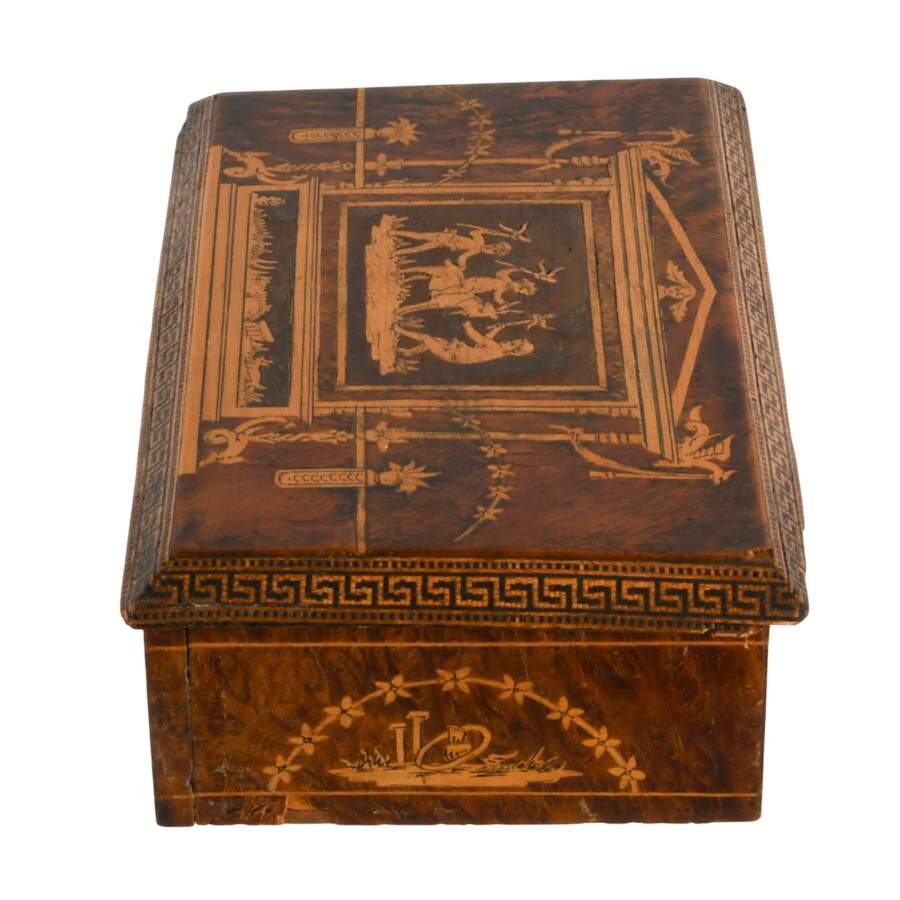 Vintage Italian Burlwood Marquetry Jewelry Box with Neoclassical Scenes-4