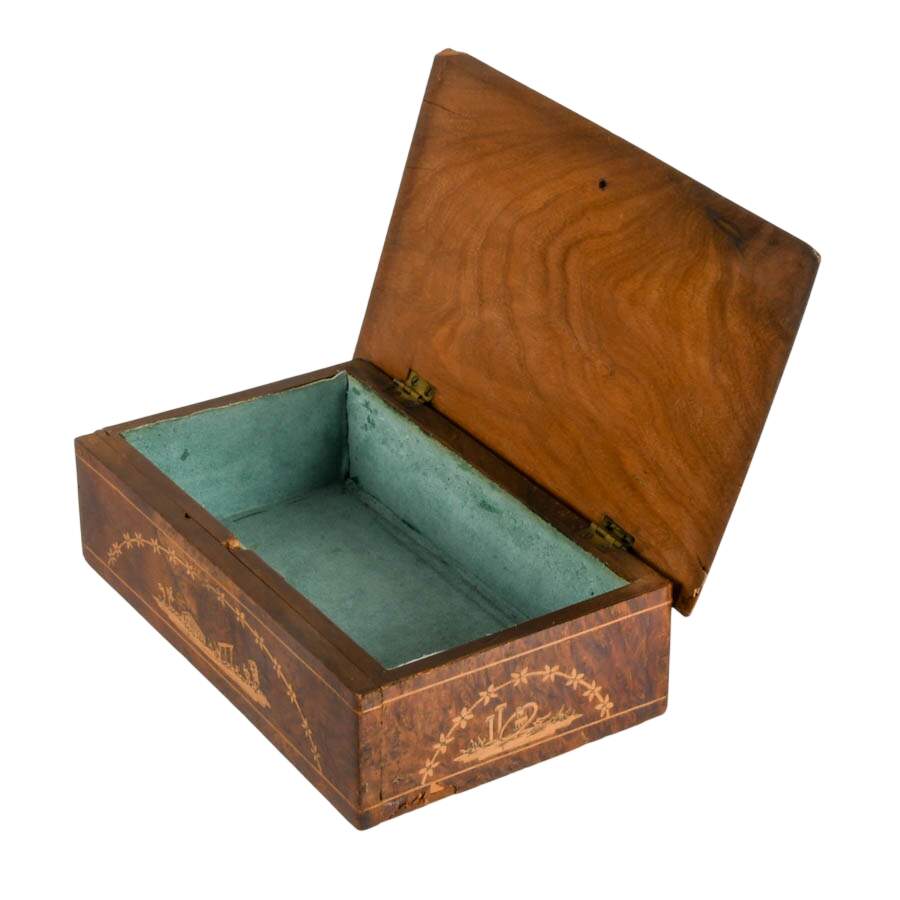 Vintage Italian Burlwood Marquetry Jewelry Box with Neoclassical Scenes-3