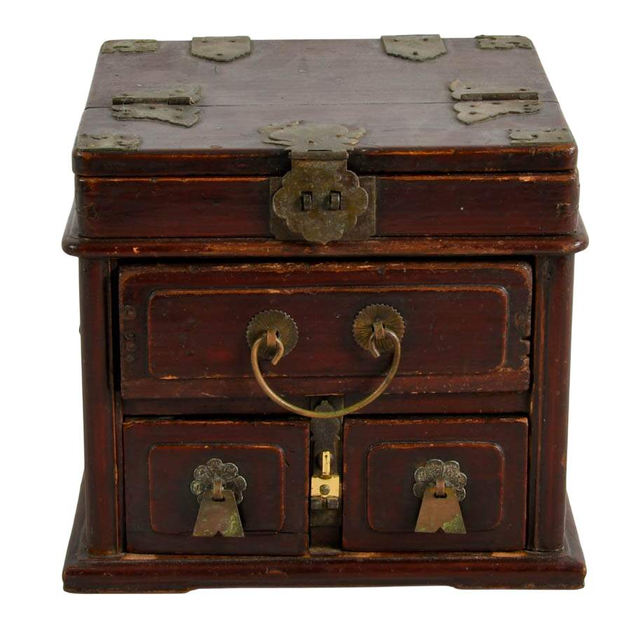 Antique Chinese Wood Traveling Dressing Box Jewelry Case with Mirror-8