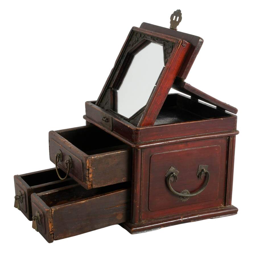 Antique Chinese Wood Traveling Dressing Box Jewelry Case with Mirror-4