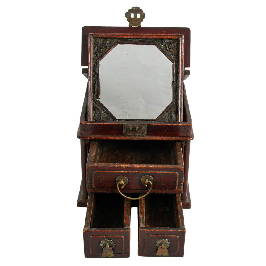 Antique Chinese Wood Traveling Dressing Box Jewelry Case with Mirror-3