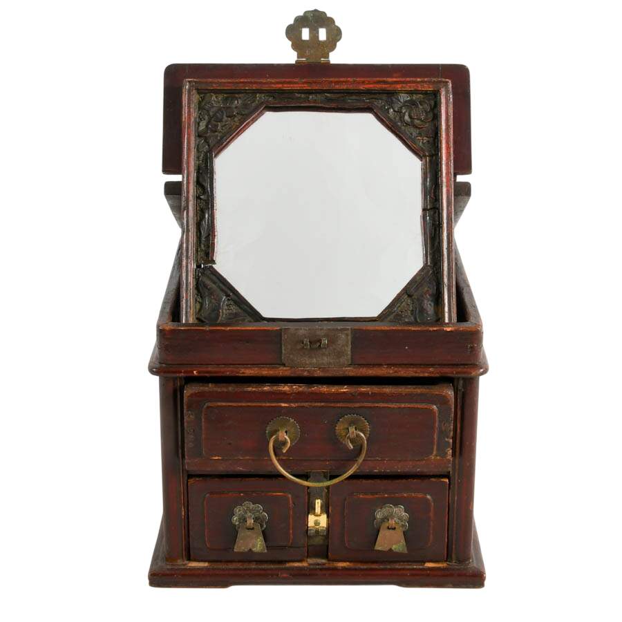 Antique Chinese Wood Traveling Dressing Box Jewelry Case with Mirror-1