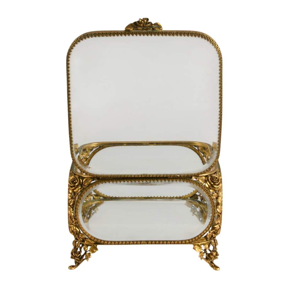 Large Matson Gold Filigree Clear Glass Jewelry Casket-5