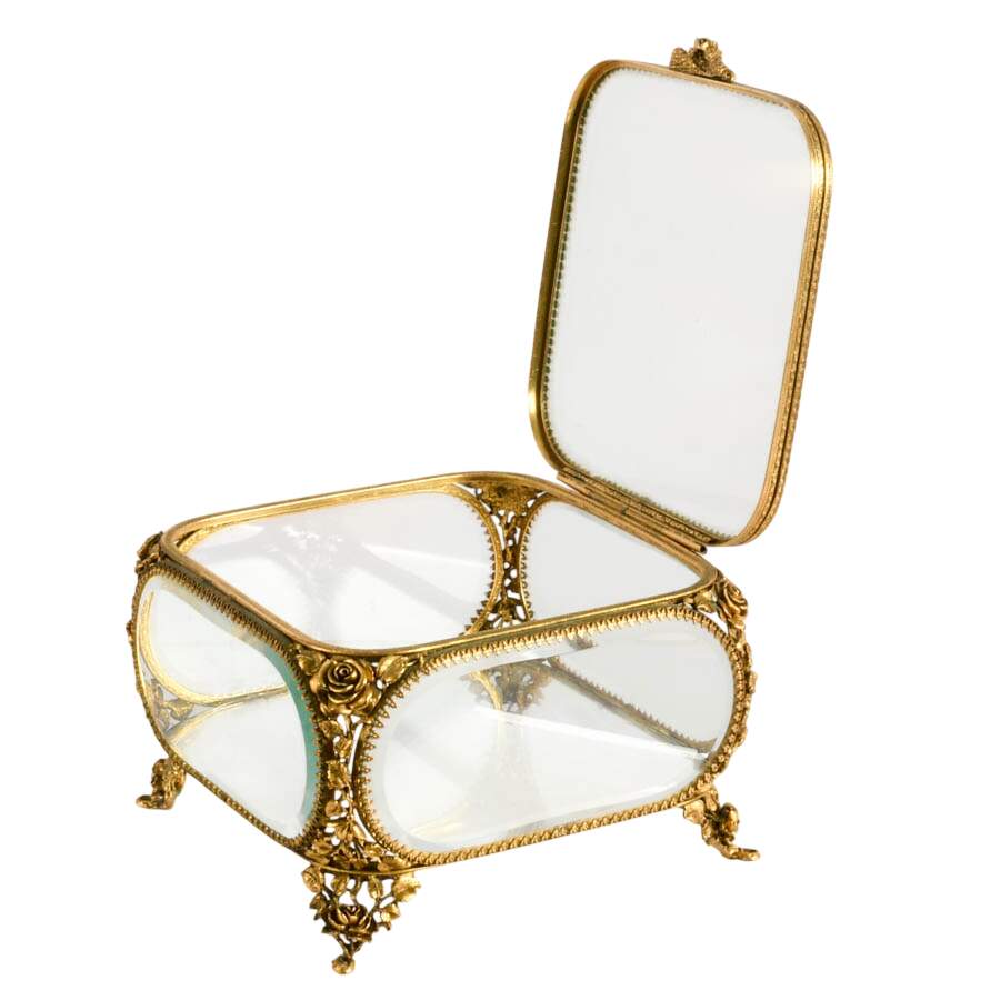 Large Matson Gold Filigree Clear Glass Jewelry Casket-4