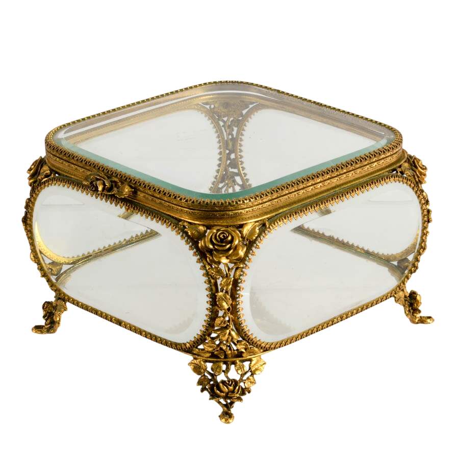 Large Matson Gold Filigree Clear Glass Jewelry Casket-2