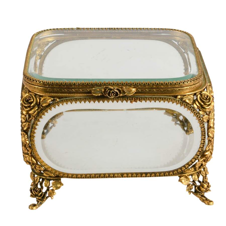 Large Matson Gold Filigree Clear Glass Jewelry Casket-1