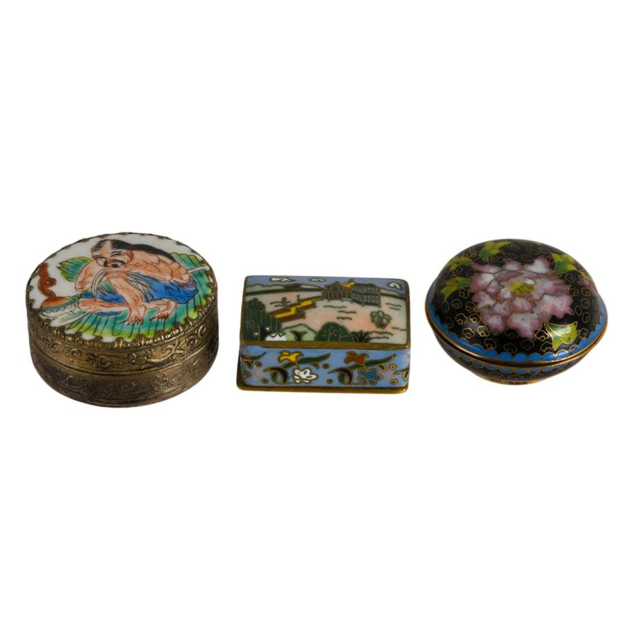Trio of Cloisonné and Hand-Painted Chinese Trinket Boxes-1