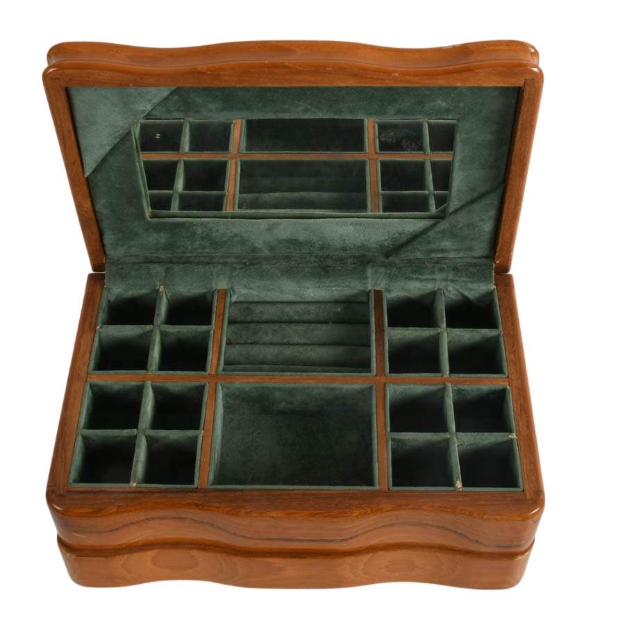 Mid-Century Wooden Jewelry Box with Green Velvet Lining-2