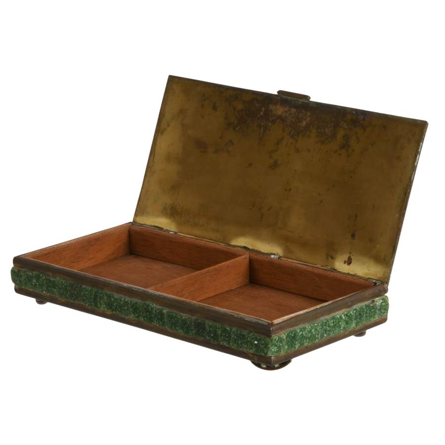 Handcrafted Mexican Brass Aztec Calendar Box with Mosaic Green Stone Inlay-4