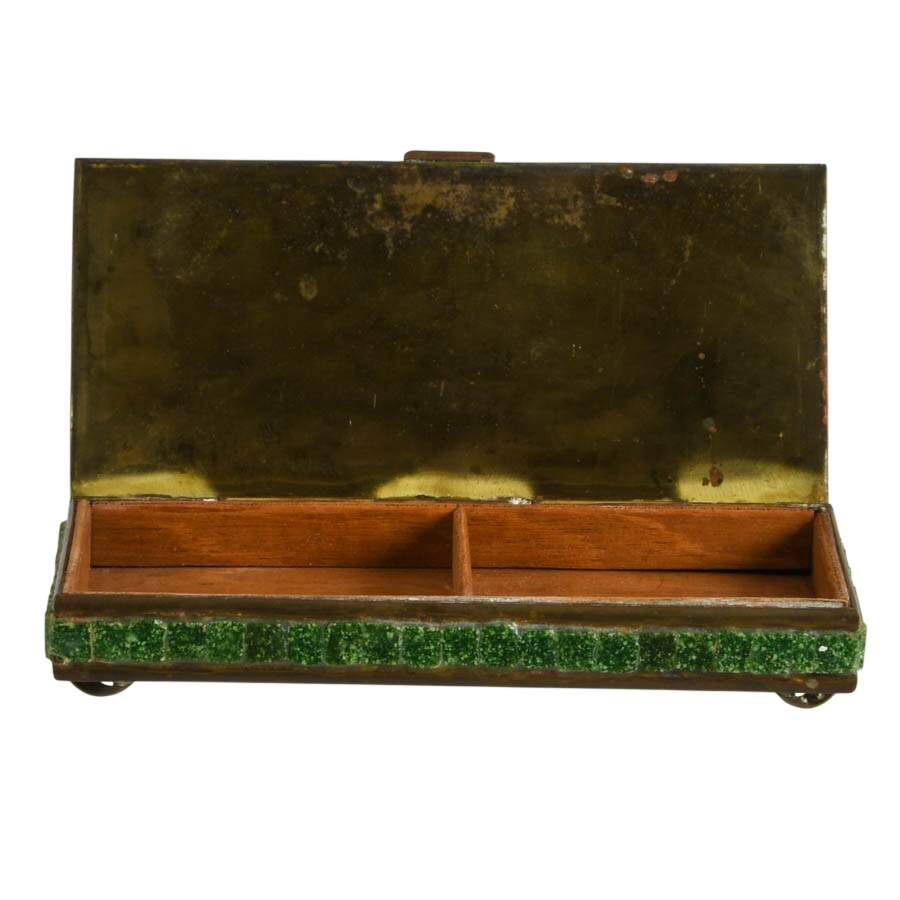 Handcrafted Mexican Brass Aztec Calendar Box with Mosaic Green Stone Inlay-3