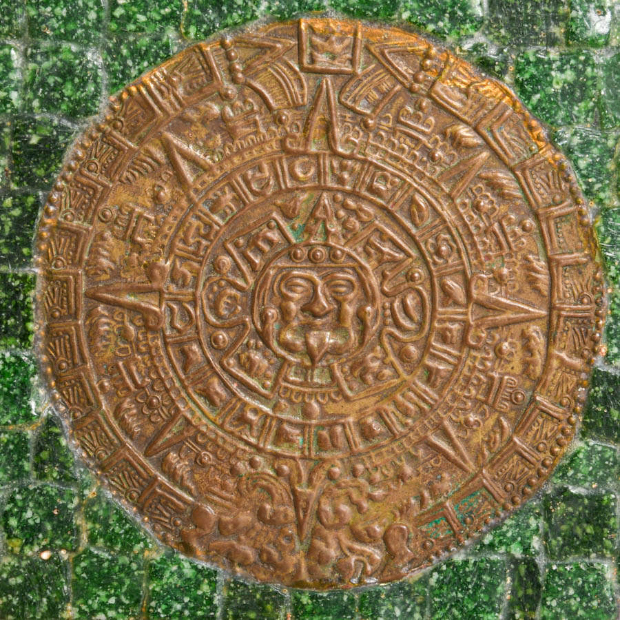 Handcrafted Mexican Brass Aztec Calendar Box with Mosaic Green Stone Inlay-2