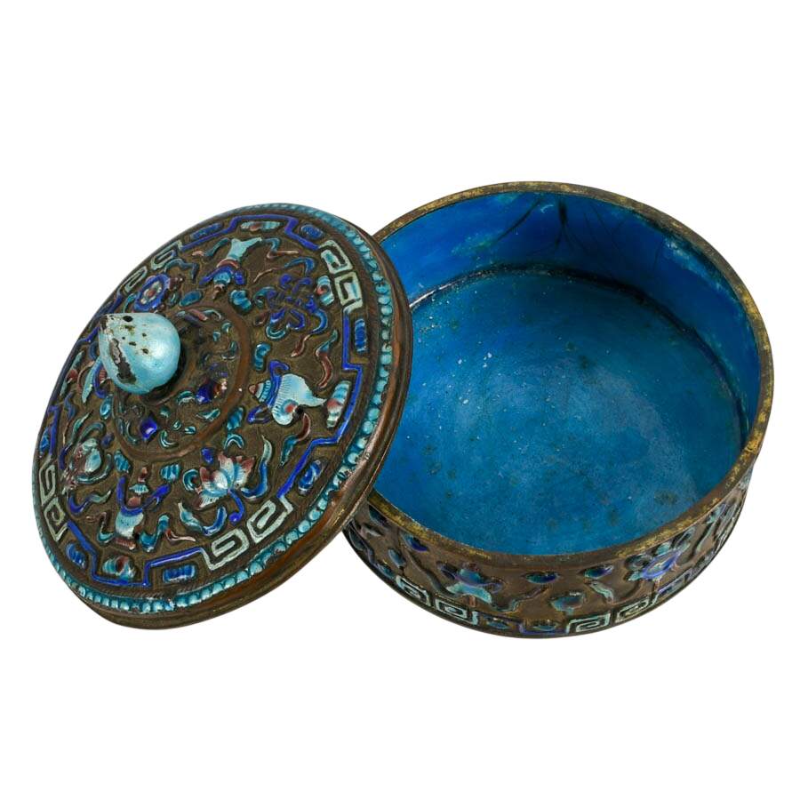 Antique Round Chinese Blue and Teal Enameled Box with Lid-5