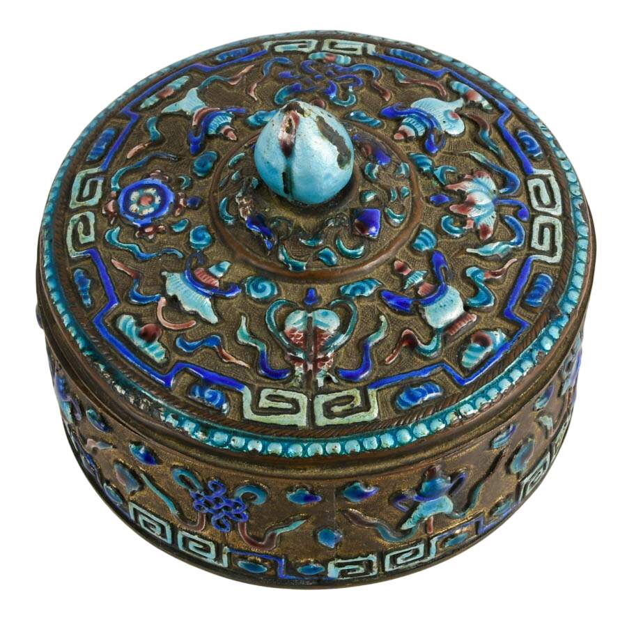 Antique Round Chinese Blue and Teal Enameled Box with Lid-2