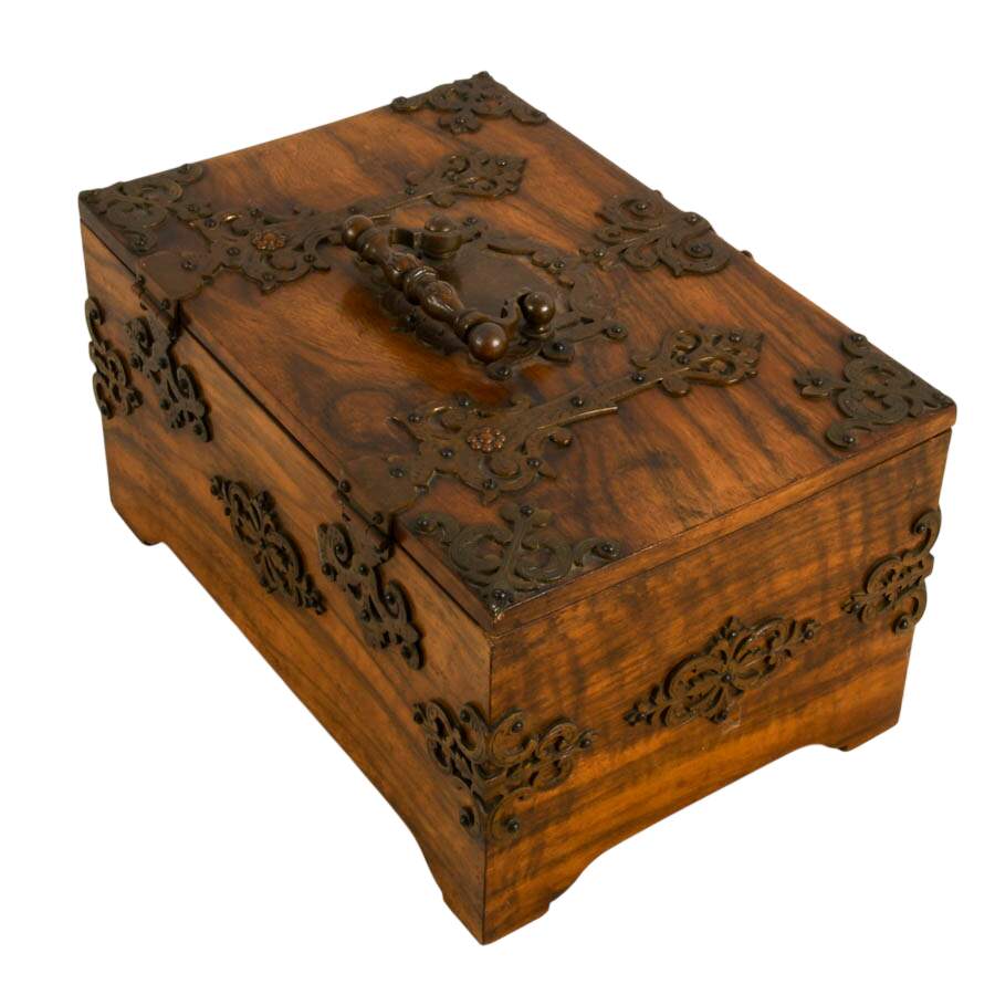 Antique English Walnut Jewelry Box with Ornate Brass Trim-8