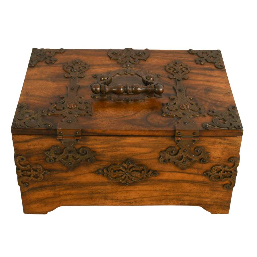 Antique English Walnut Jewelry Box with Ornate Brass Trim-7