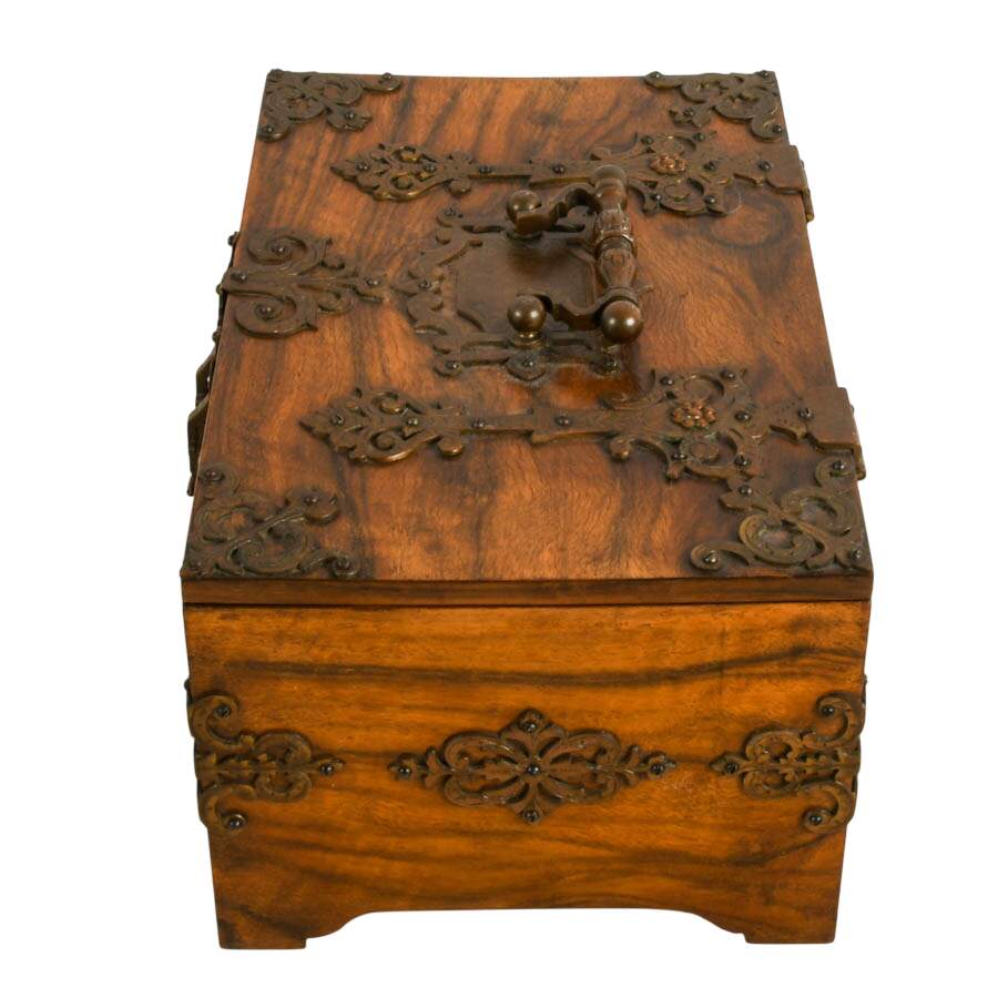 Antique English Walnut Jewelry Box with Ornate Brass Trim-6