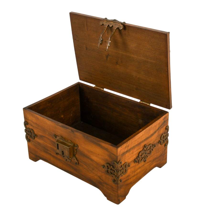 Antique English Walnut Jewelry Box with Ornate Brass Trim-5