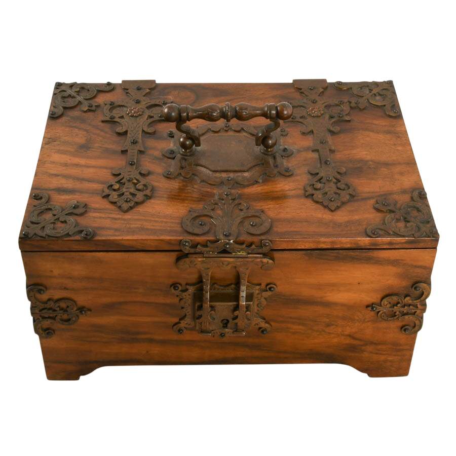 Antique English Walnut Jewelry Box with Ornate Brass Trim-3