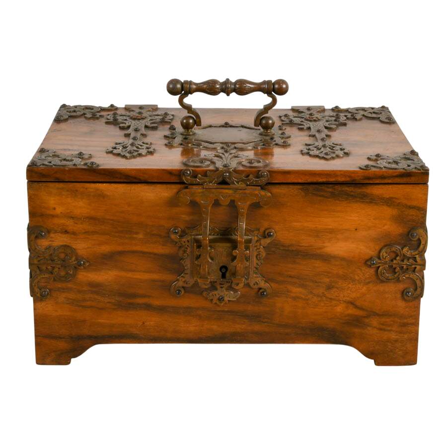 Antique English Walnut Jewelry Box with Ornate Brass Trim-1