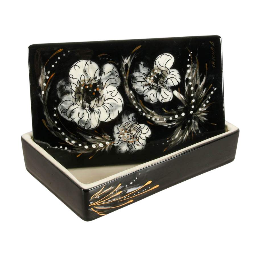 Sascha Brastoff Mid-Century Modern Black and White Floral Ceramic Box-5