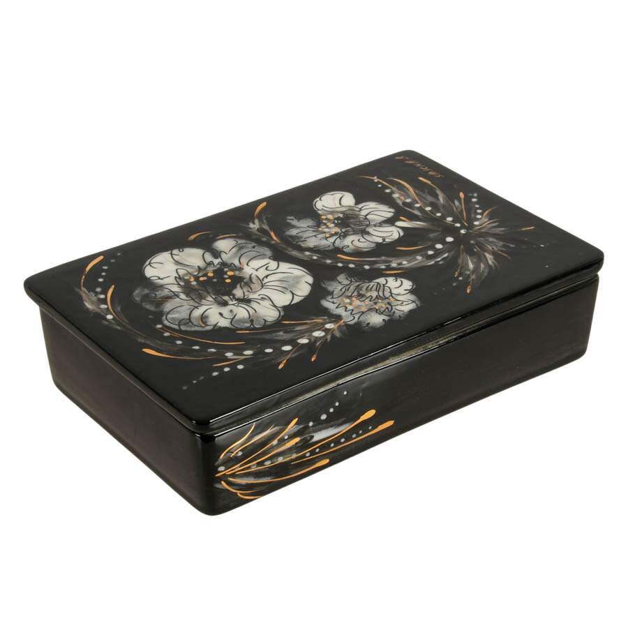 Sascha Brastoff Mid-Century Modern Black and White Floral Ceramic Box-4