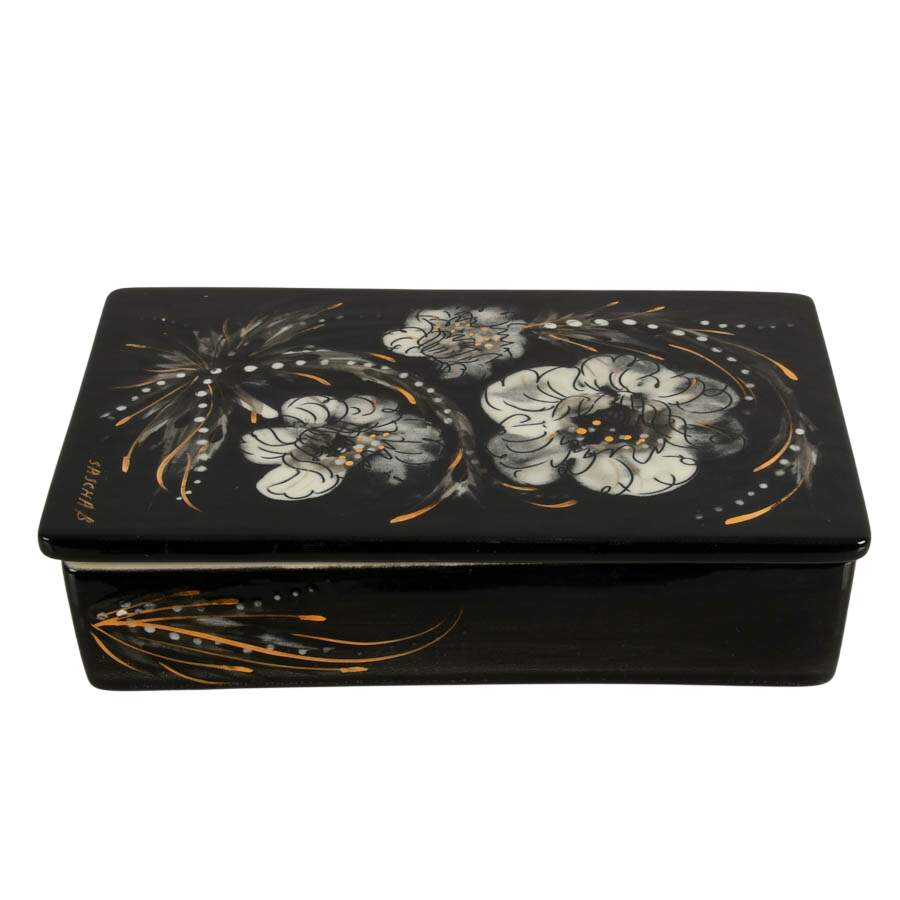 Sascha Brastoff Mid-Century Modern Black and White Floral Ceramic Box-3