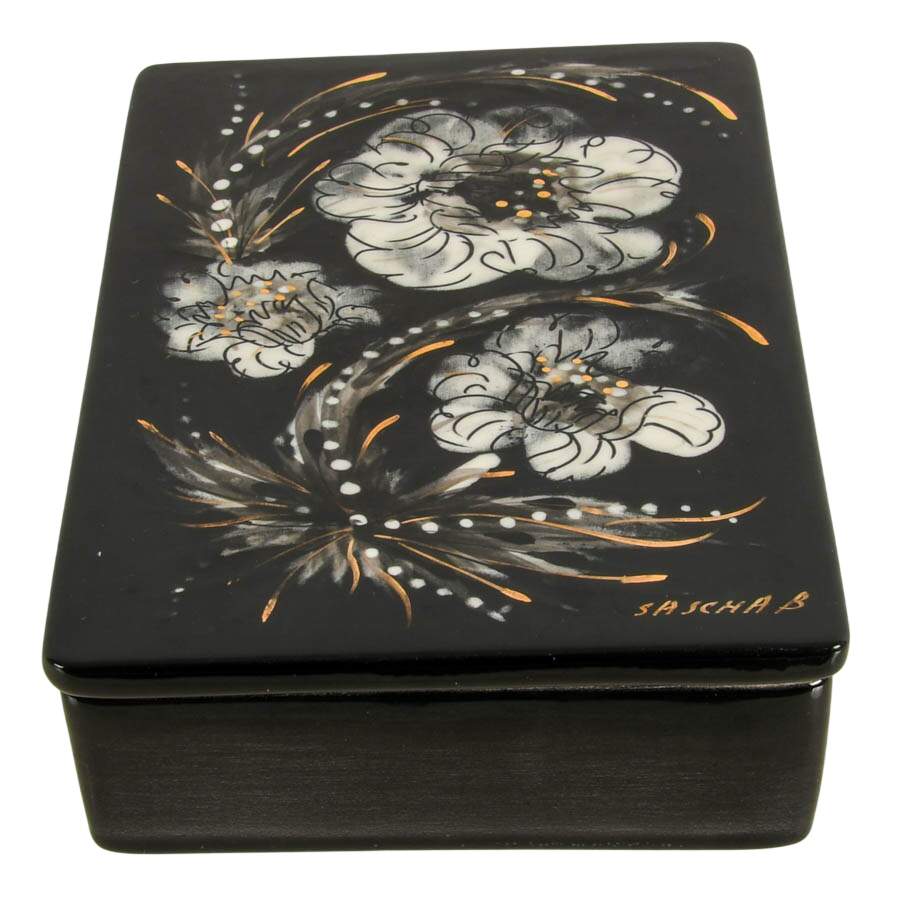 Sascha Brastoff Mid-Century Modern Black and White Floral Ceramic Box-2
