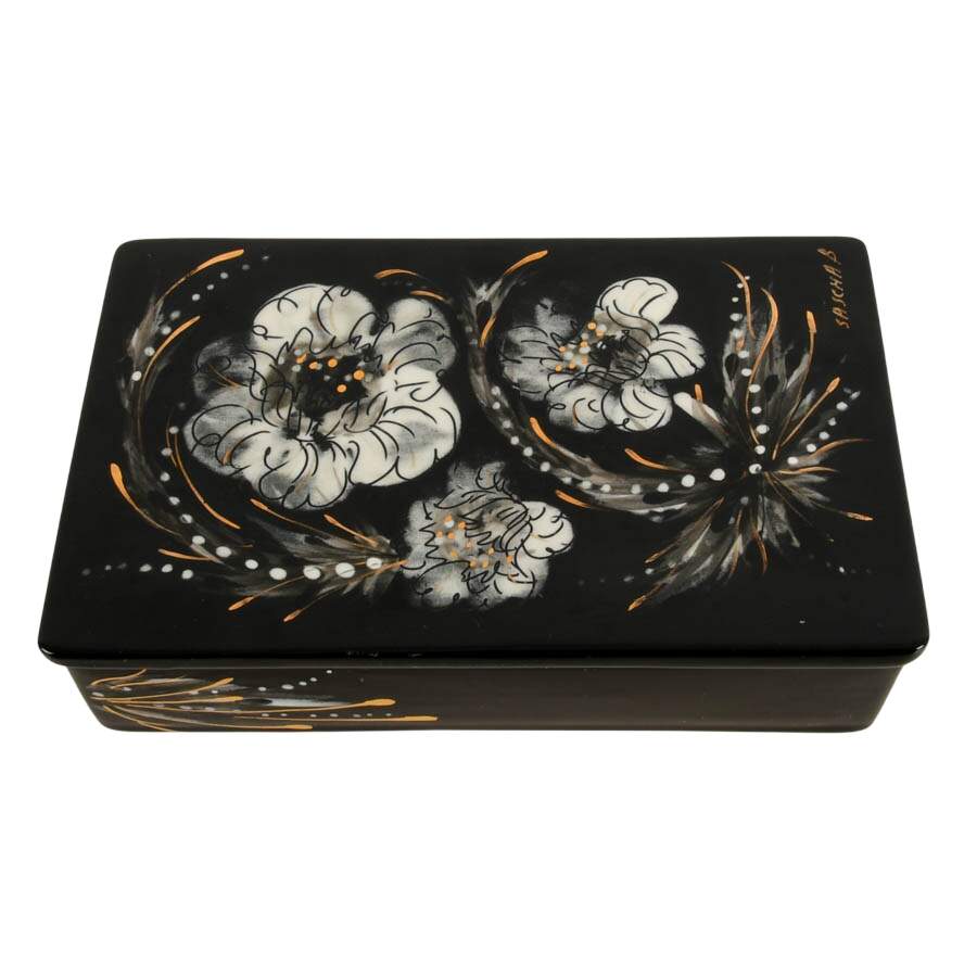 Sascha Brastoff Mid-Century Modern Black and White Floral Ceramic Box-1