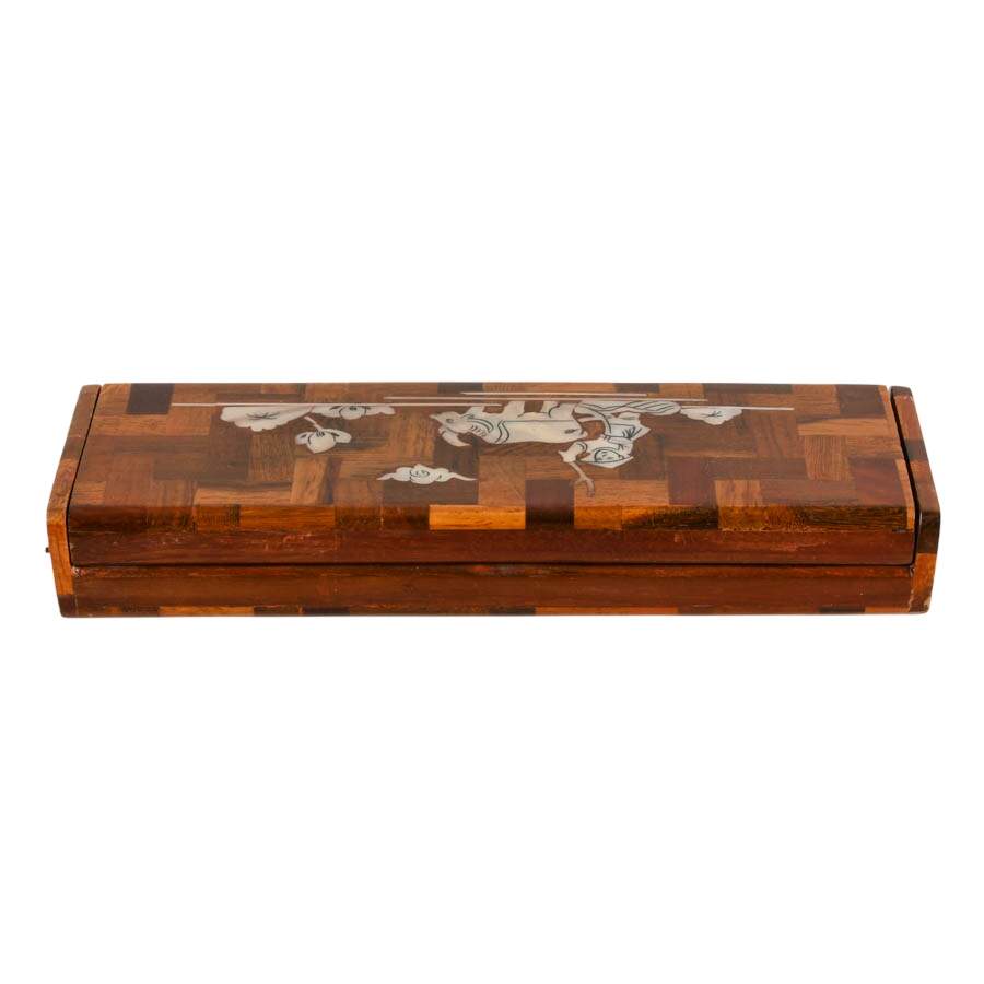 Mid-Century Asian Parquetry Wood Box with Mother of Pearl Inlay-5