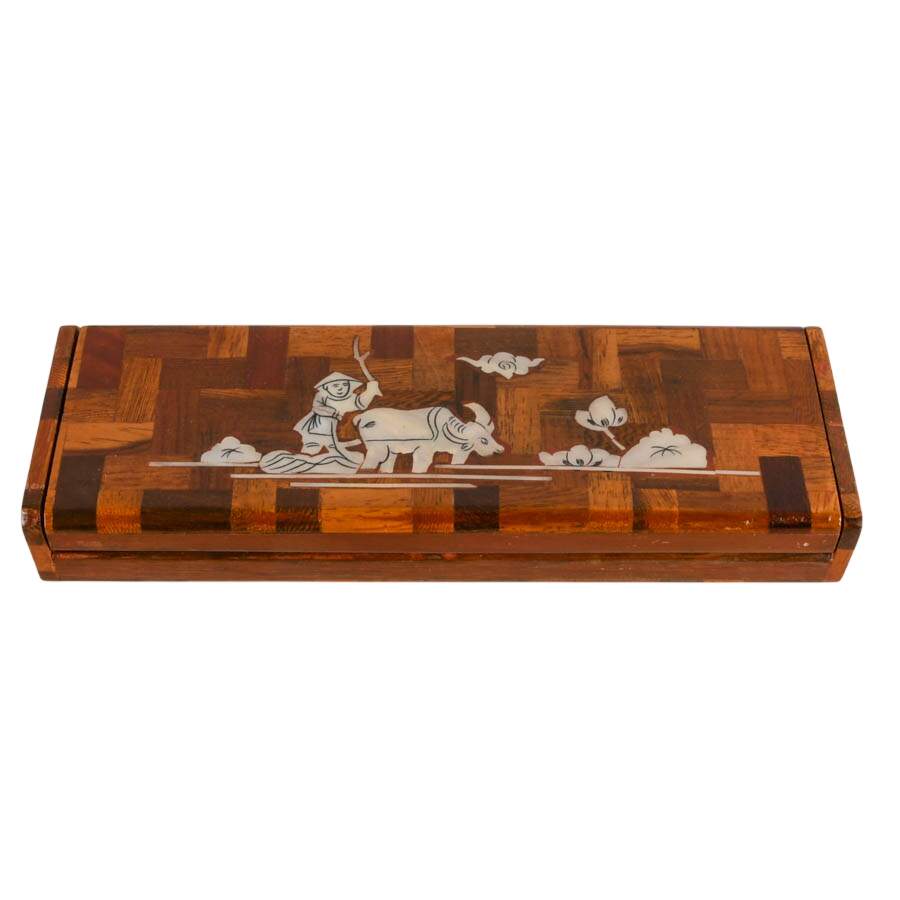 Mid-Century Asian Parquetry Wood Box with Mother of Pearl Inlay-1