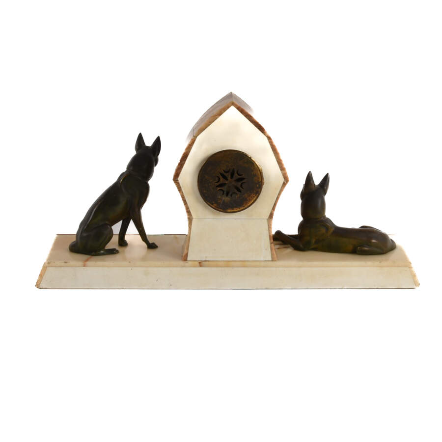 French Art Deco German Shepherds Mantel Clock-4