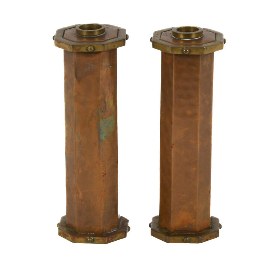 Antique Pair of Hammered Copper and Brass Nautical Candlesticks-1