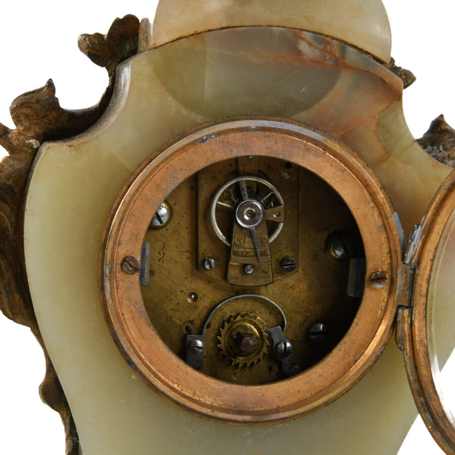 Antique Miniature French Onyx Mantel Clock with Cherub Finial-7