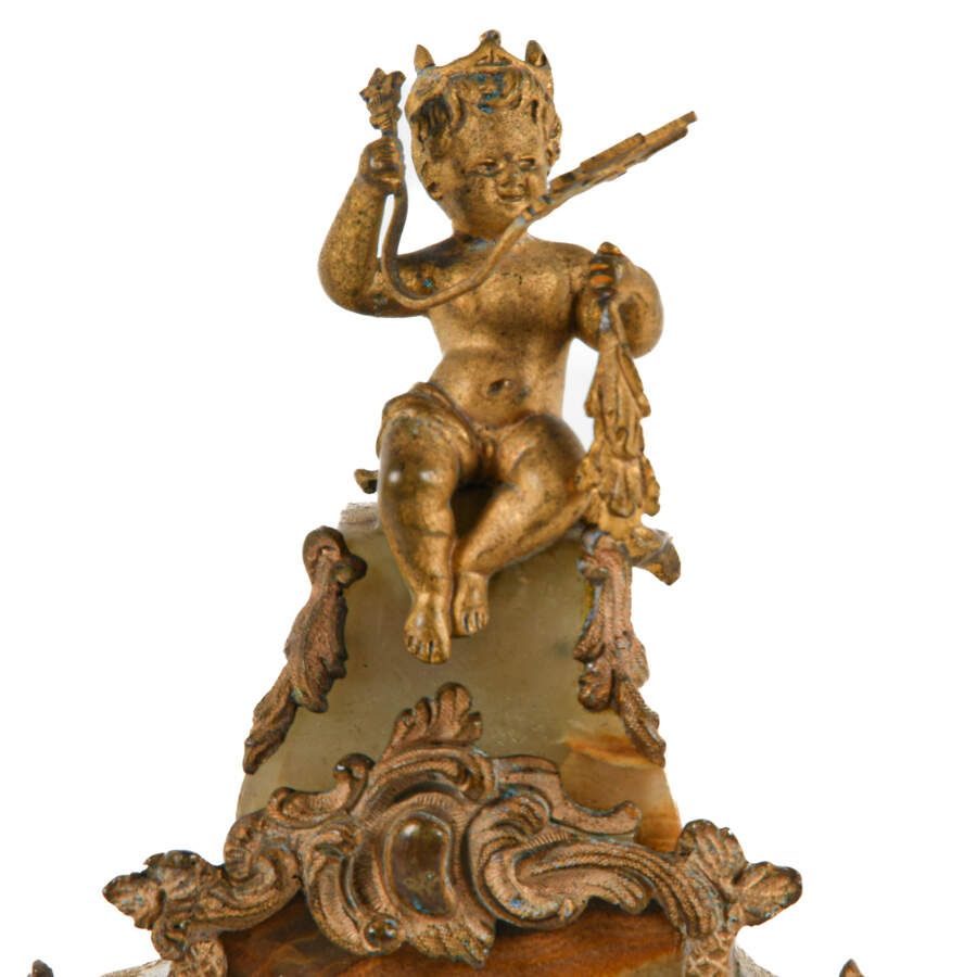 Antique Miniature French Onyx Mantel Clock with Cherub Finial-5