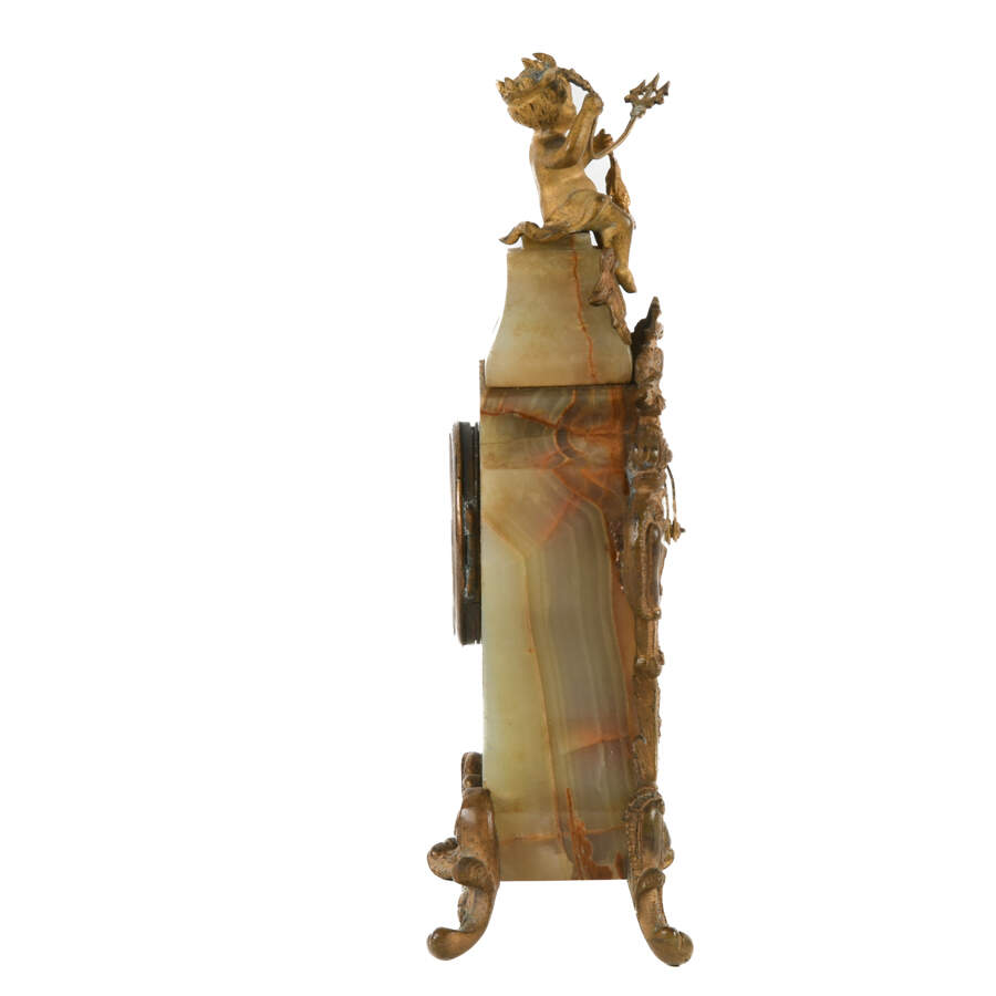 Antique Miniature French Onyx Mantel Clock with Cherub Finial-4