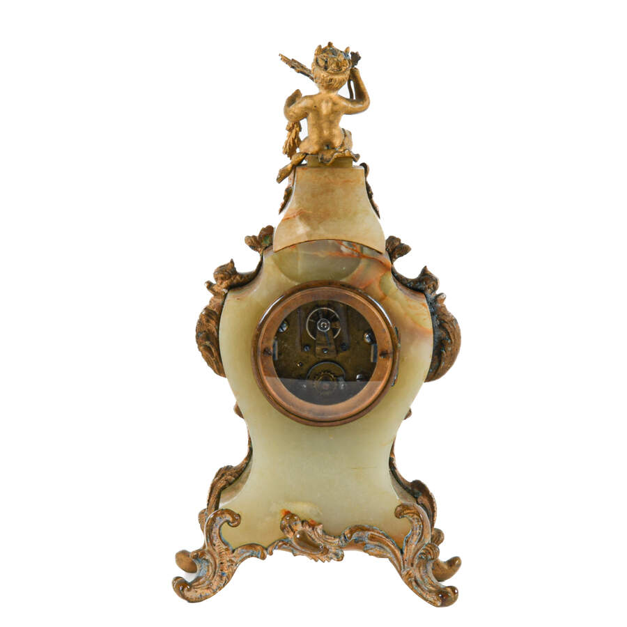 Antique Miniature French Onyx Mantel Clock with Cherub Finial-3