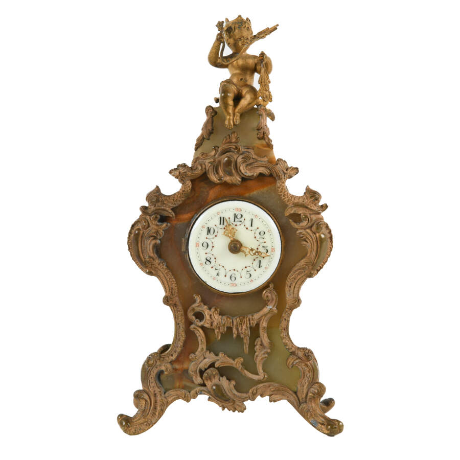 Antique Miniature French Onyx Mantel Clock with Cherub Finial-1
