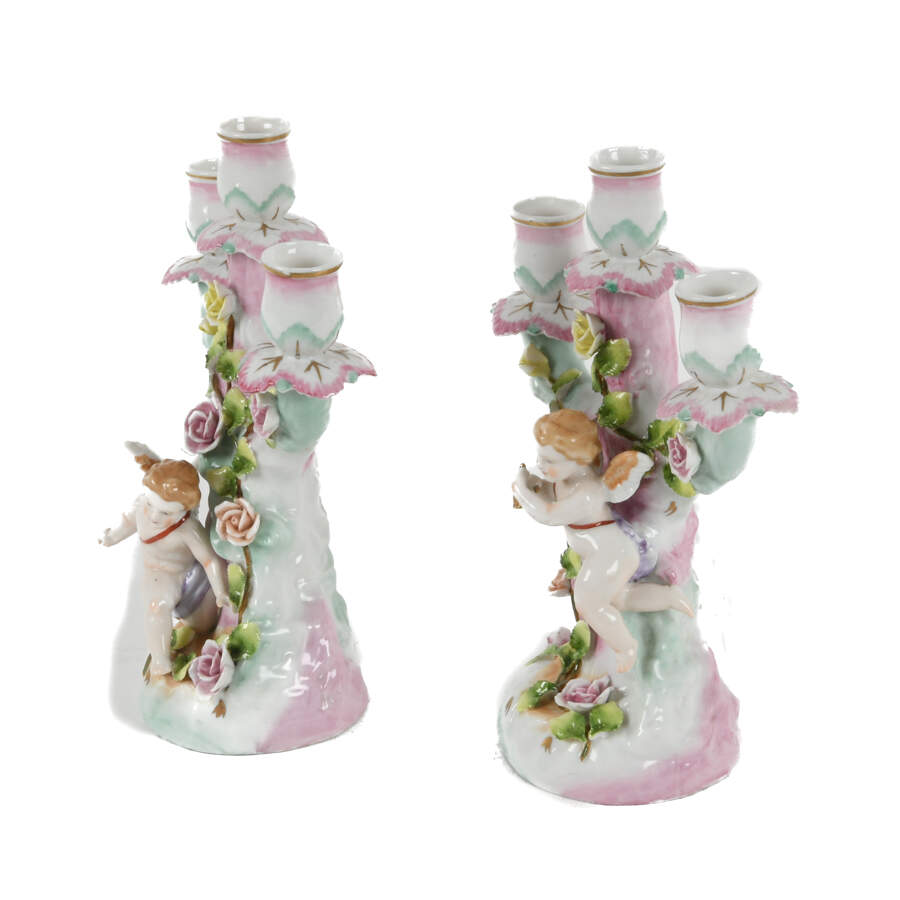 Antique Pair German Cupid Three Light Floral Candle Holders-5