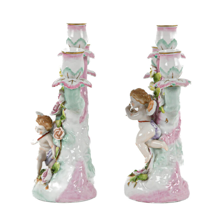 Antique Pair German Cupid Three Light Floral Candle Holders-2