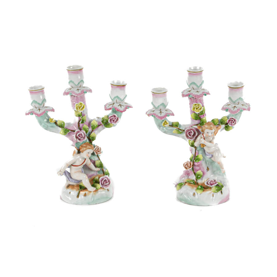 Antique Pair German Cupid Three Light Floral Candle Holders-1