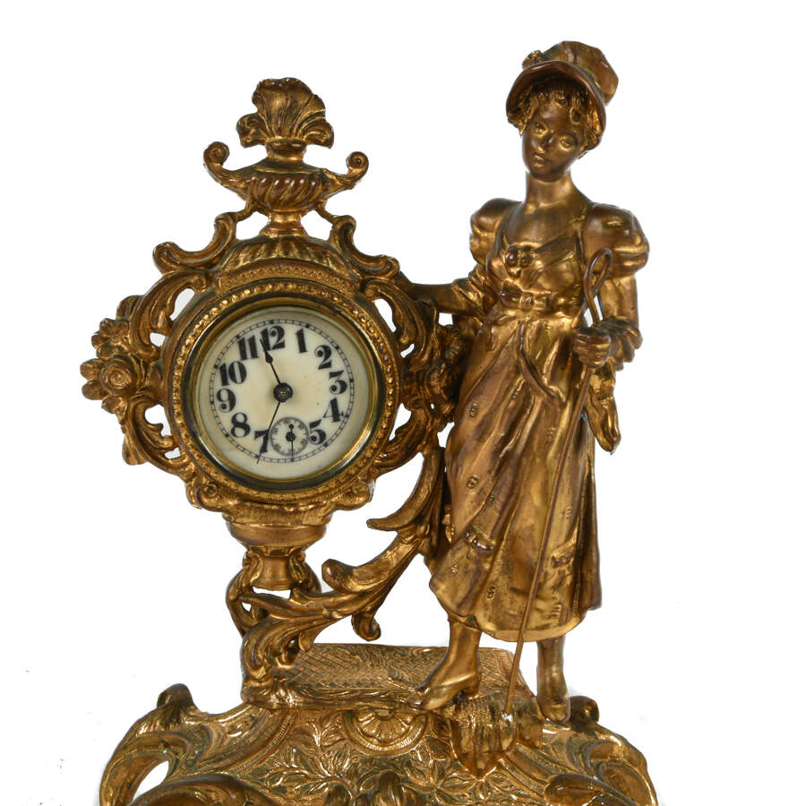Pastoral Shepherdess Gilt Spelter Mantel Clock-5