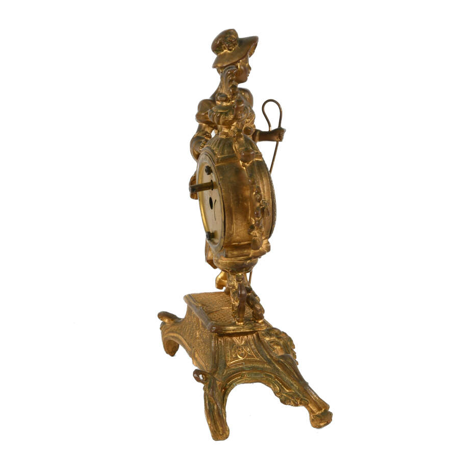Pastoral Shepherdess Gilt Spelter Mantel Clock-4