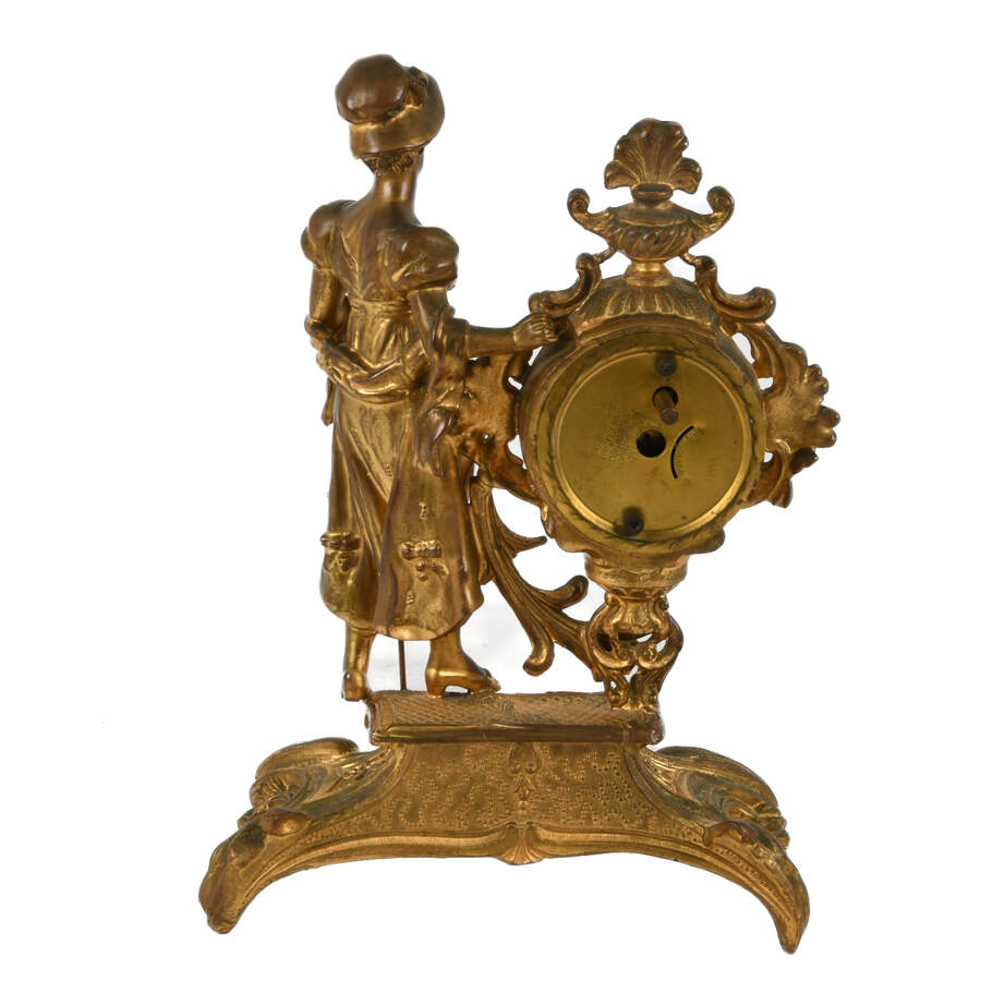 Pastoral Shepherdess Gilt Spelter Mantel Clock-3