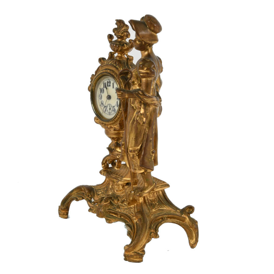Pastoral Shepherdess Gilt Spelter Mantel Clock-2