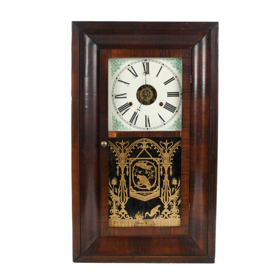 Antique William Gilbert Ogee Mantel Clock with Reverse Painted Glass-1