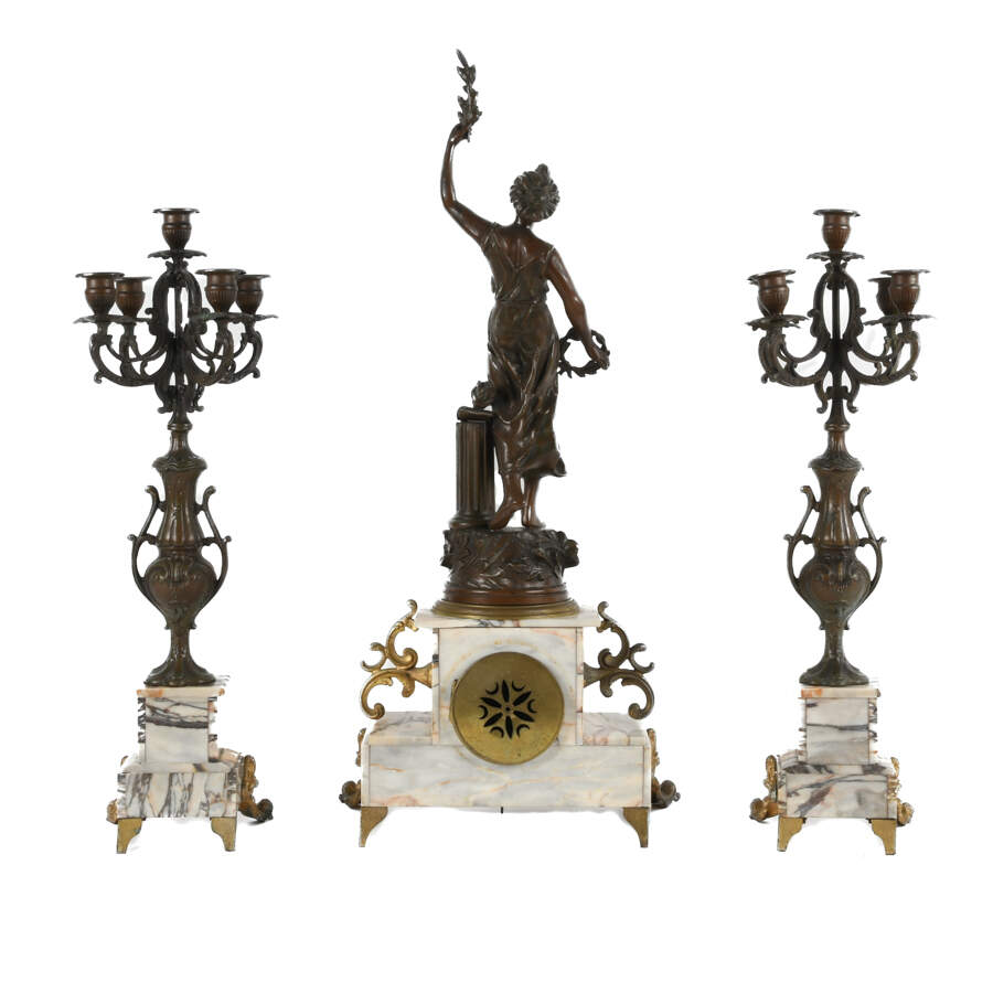 Antique French Three-Piece "Progrès" Garniture Clock and Candelabra Set-13